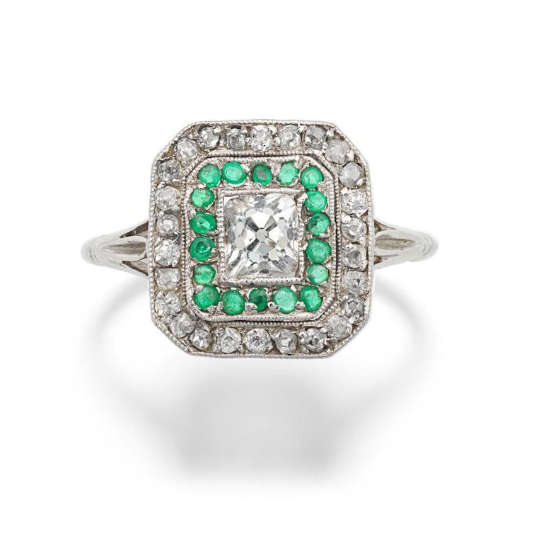 Platinum Diamond and Emerald Ring