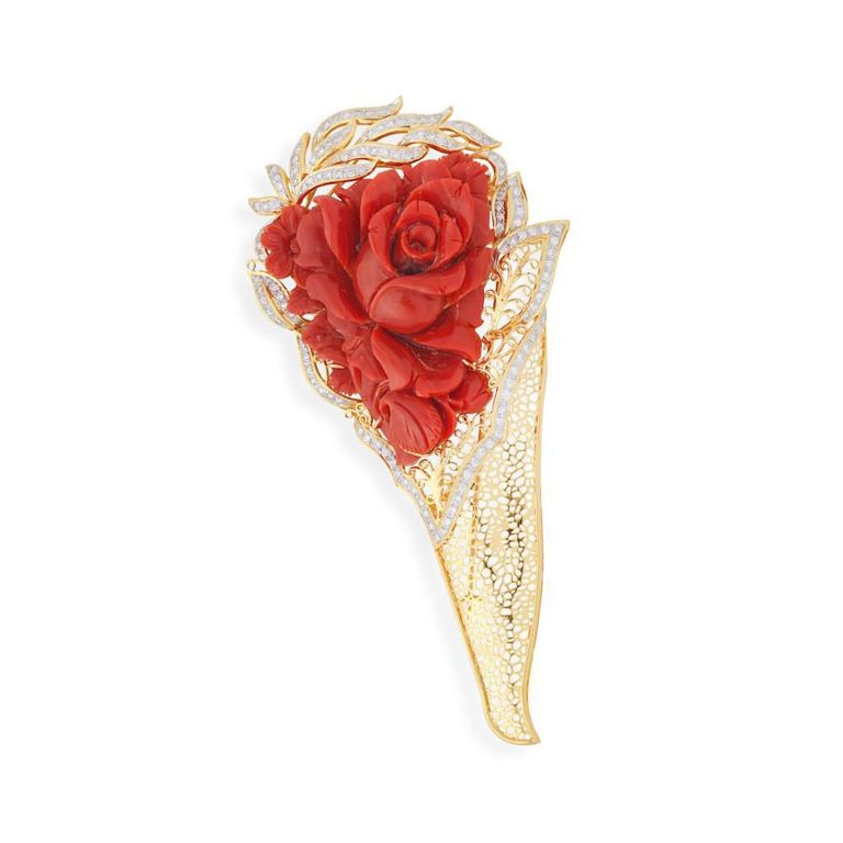 Coral and Diamond Brooch