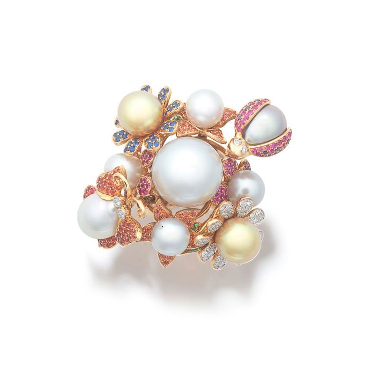 Cultured Pearl and Gem-Set Butterfly Ring