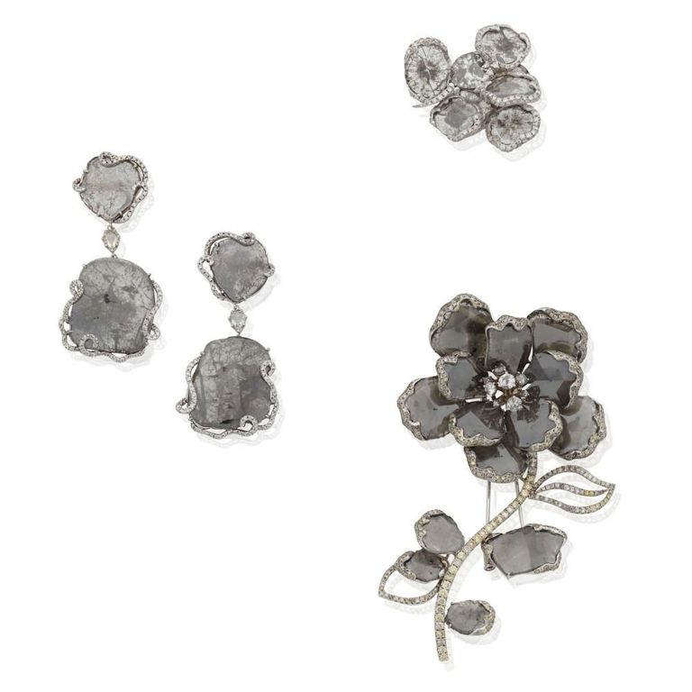 Diamond-Set Brooch, Earring and Ring Suite