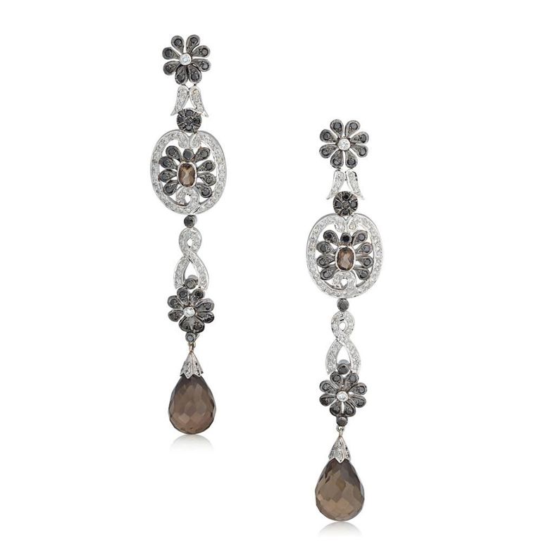 Smokey Quartz, Diamond and Black Diamond Earrings