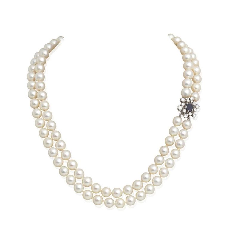 Cultured Pearl, Diamond and Sapphire Necklace