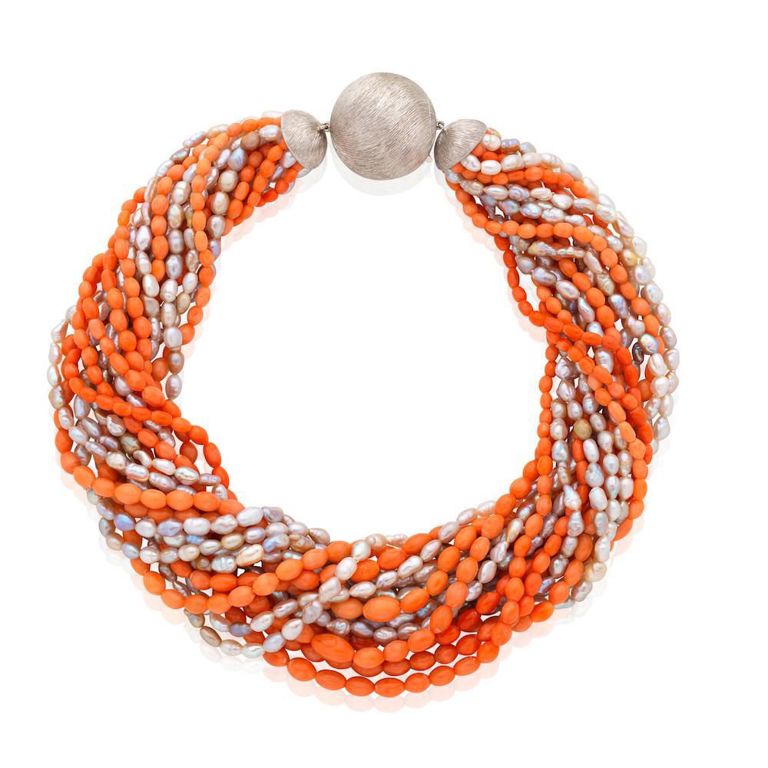 Coral and Cultured Pearl Torsade Necklace
