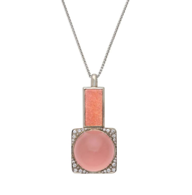 Rose Quartz, Diamond and Enamel Pendant