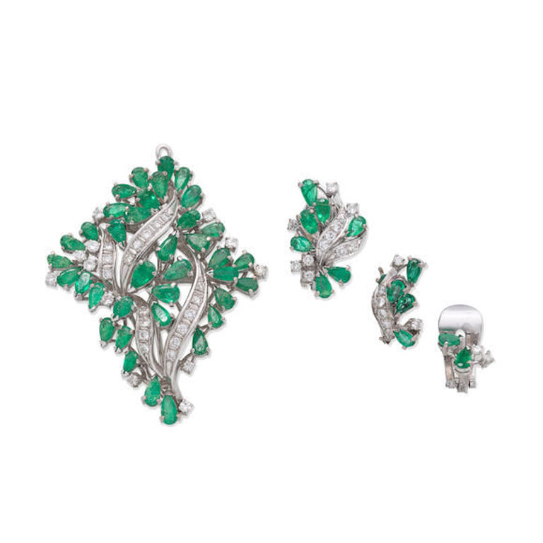 Emerald and Diamond Brooch and Earrings