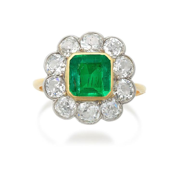 Emerald and Diamond Cluster Ring