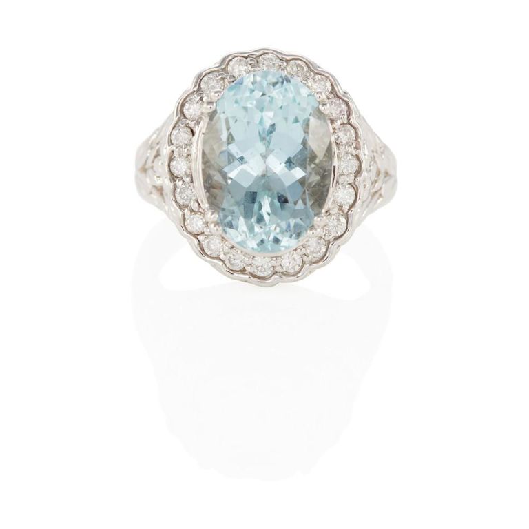 14k White Gold Aquamarine and Diamond Ring