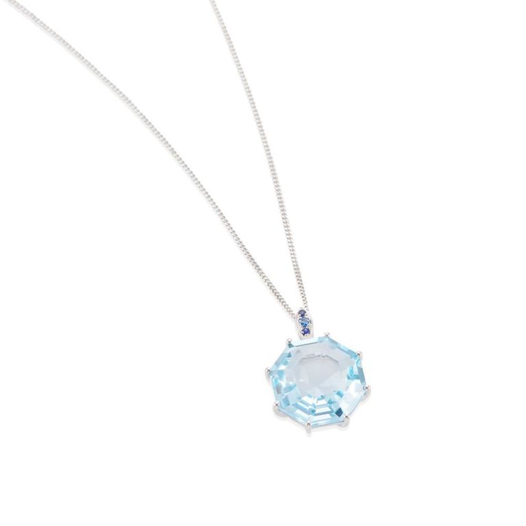 18k White Gold Blue Topaz and Sapphire Pendant