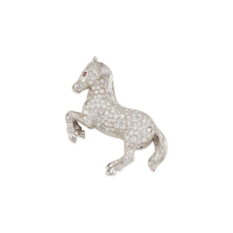 14k White Gold Diamond and Ruby Horse Brooch