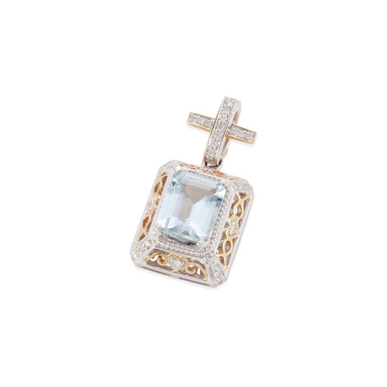 14k Bi-Color Gold Aquamarine and Diamond Pendant