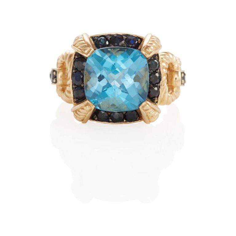 14k Yellow Gold Blue Topaz and Diamond Ring