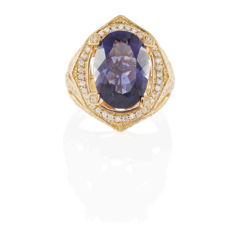 14k Yellow Gold Iolite and Diamond Ring