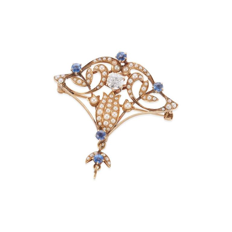 Cultured Pearl, Sapphire and Diamond Brooch