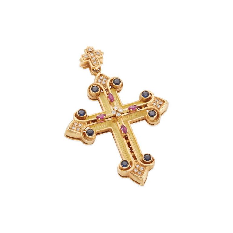 Sapphire, Ruby and Diamond Cross Pendant