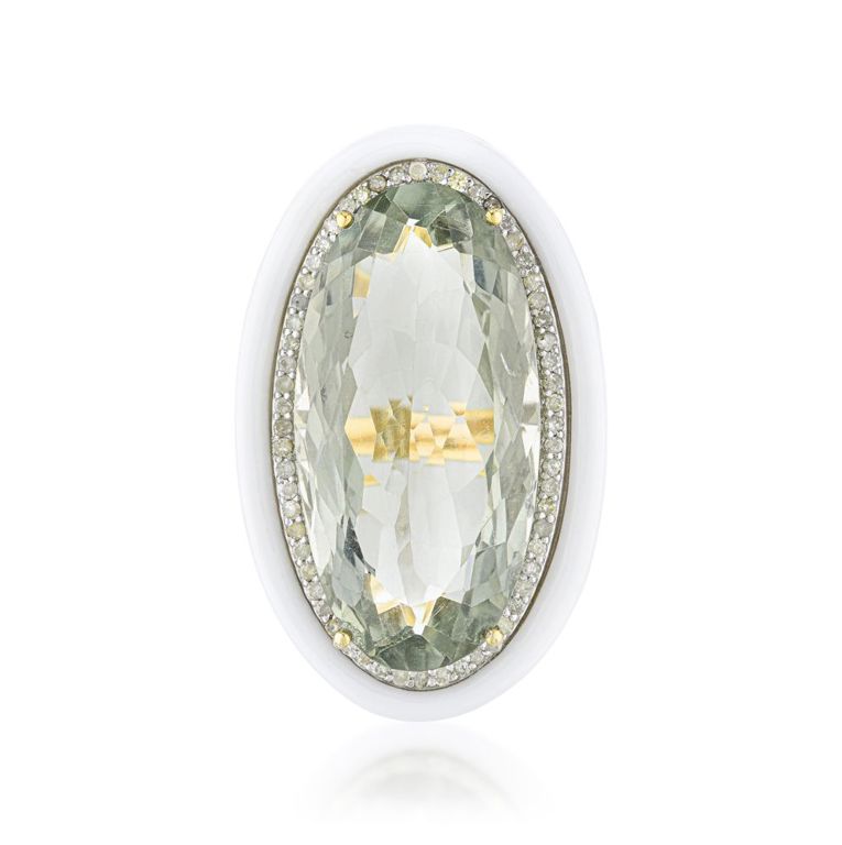 Green Prasiolite, Diamond and White Onyx Ring