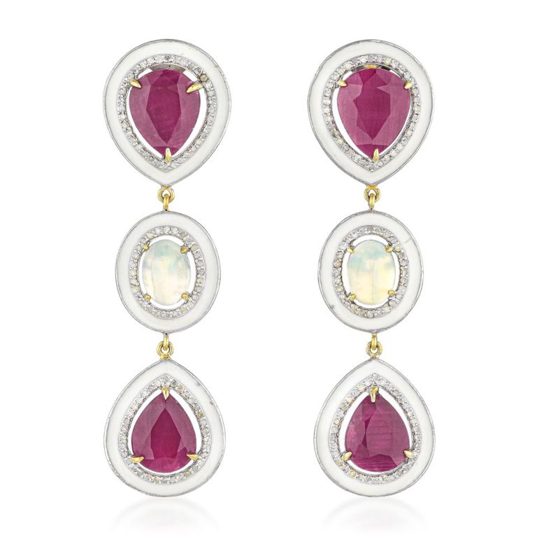 Ruby, Opal, Diamond and Enamel Earrings