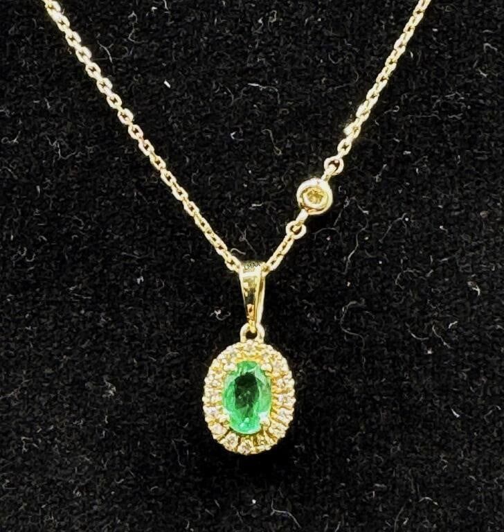 14k Gold Emerald and Diamond Pendant Necklace