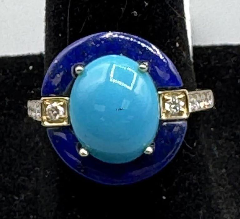 14k Gold Turquoise, Lapis Lazuli and Diamond Ring
