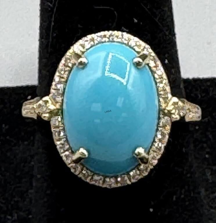 14k Yellow Gold Turquoise and Diamond Ring