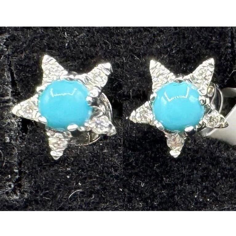 14k White Gold Turquoise and Diamond Star Earrings