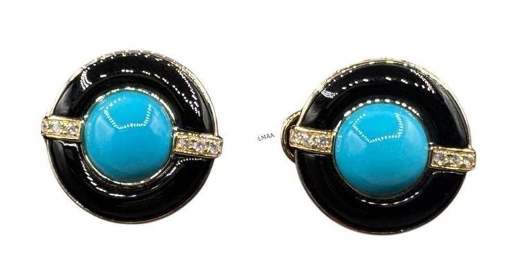 14k Gold Turquoise, Onyx and Diamond Earrings