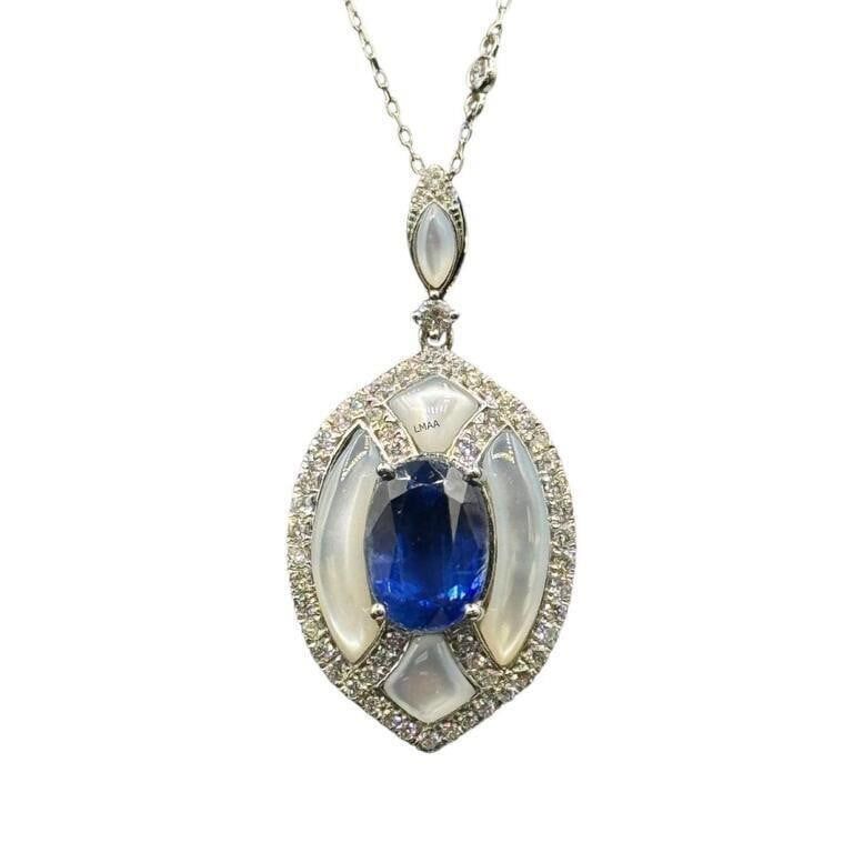 14k Gold Kyanite, MOP and Diamond Pendant Necklace