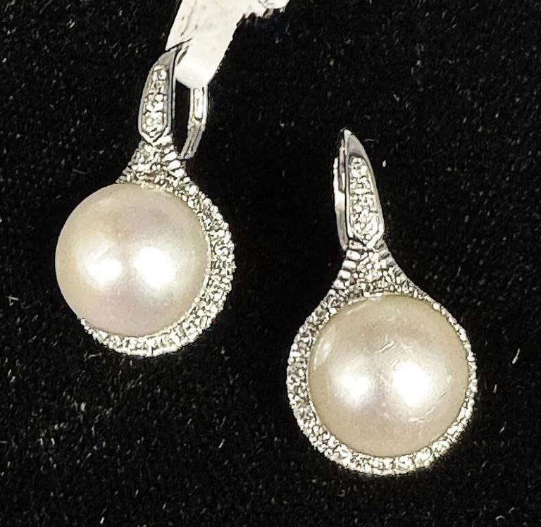 14k White Gold Pearl and Diamond Earrings
