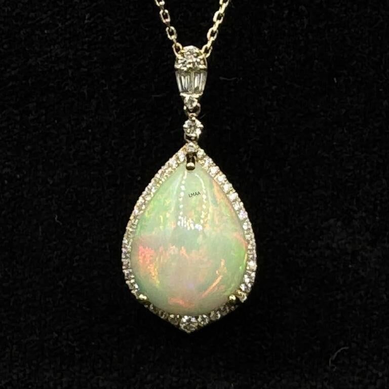 14k Yellow Gold Opal and Diamond Pendant Necklace
