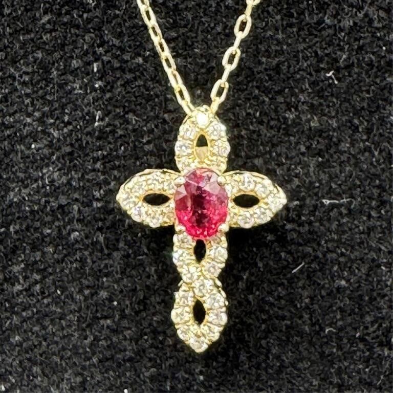 14k Gold Ruby and Diamond Cross Pendant Necklace
