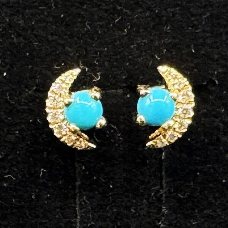 18k Yellow Gold Turquoise and Diamond Earrings