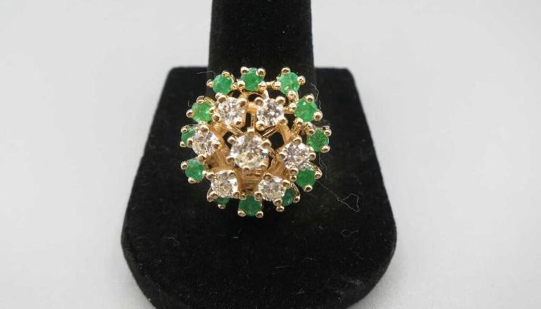 14k Yellow Gold Emerald and Diamond Flower Ring