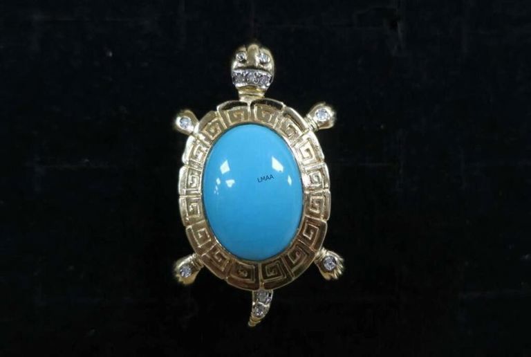 14k Gold Turquoise and Diamond Turtle Brooch