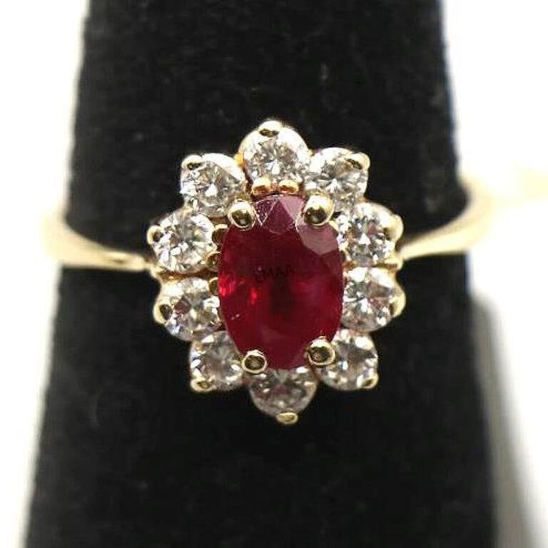 14k Yellow Gold Ruby and Diamond Cluster Ring