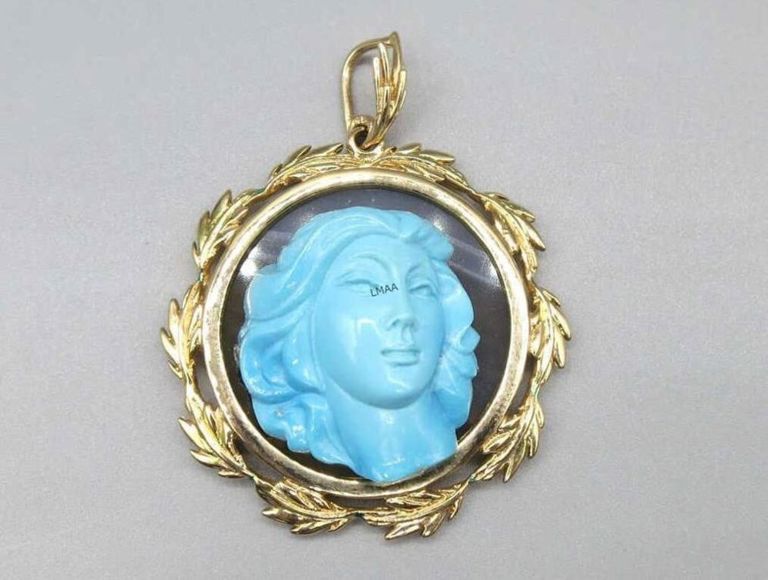 14k Yellow Gold Turquoise and Quartz Pendant