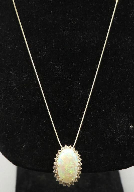 14k Yellow Gold Opal and Diamond Pendant Necklace