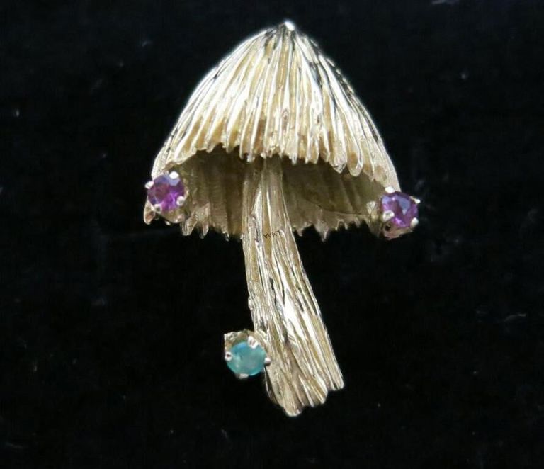 14k Gold Ruby and Emerald Mushroom Brooch/Pendant