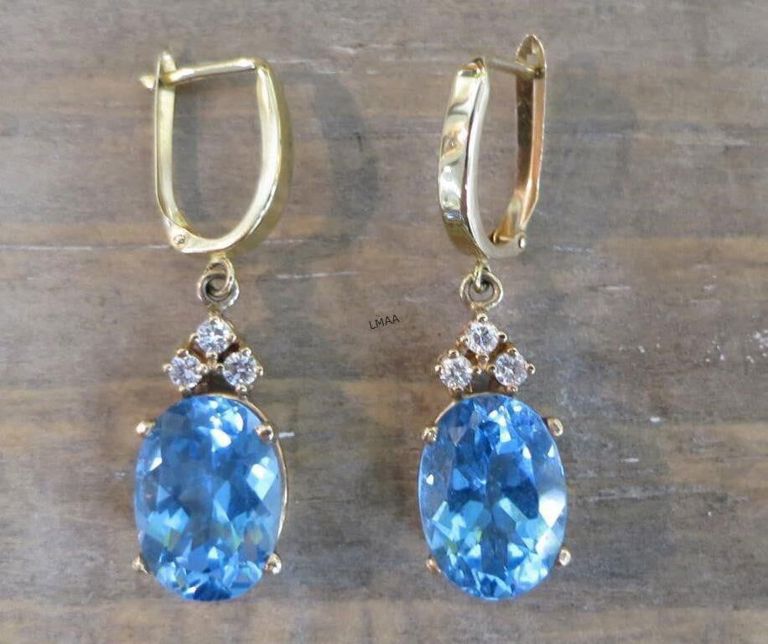 14k Gold Blue Topaz and Diamond Earrings