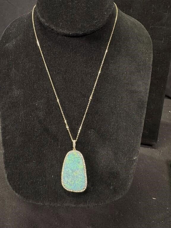 14k Yellow Gold Opal and Diamond Pendant Necklace