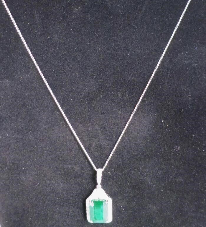 Platinum Emerald and Diamond Pendant Necklace