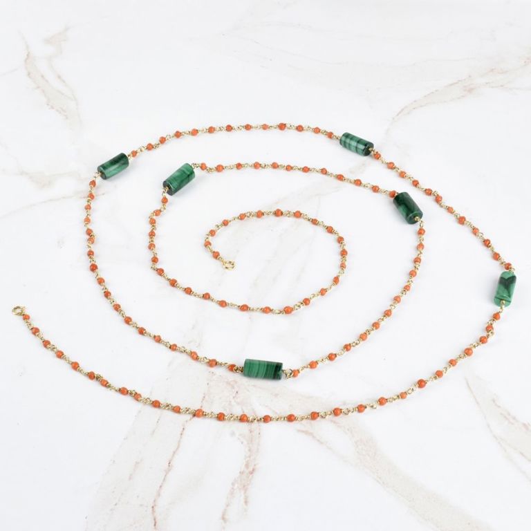 14k Yellow Gold Coral and Malachite Bead Necklace