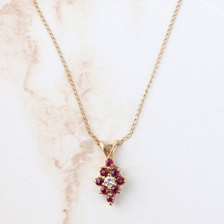 14k Yellow Gold Ruby and Diamond Pendant Necklace