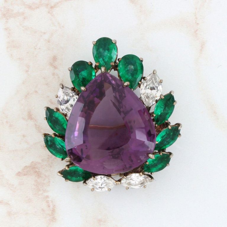 Silver Amethyst, Emerald and Diamond Brooch