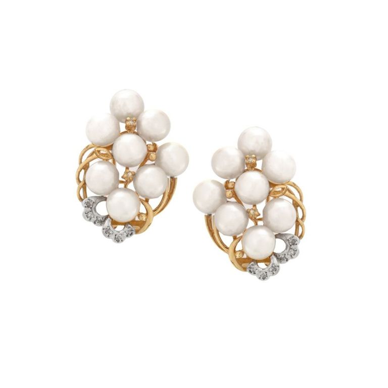 14k Bi-Color Gold Pearl and Diamond Earrings