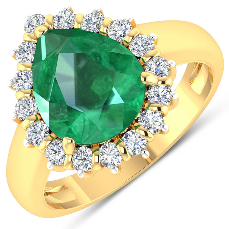 14k Gold Zambian Emerald and Diamond Ring
