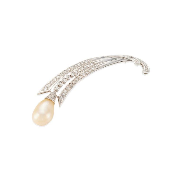 14k White Gold Cultured Pearl and Diamond Brooch