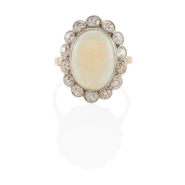 18k Yellow Gold Diamond and Opal Ring