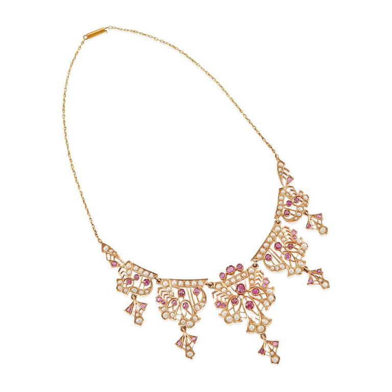 14k Rose Gold Pearl and Pink Sapphire Necklace