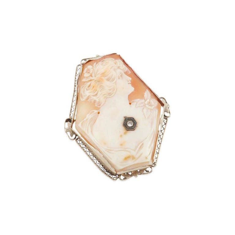 14k White Gold Diamond and Cameo Pendant/Brooch