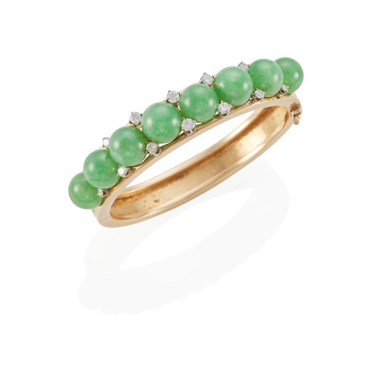 14k Yellow Gold Jade and Diamond Bangle