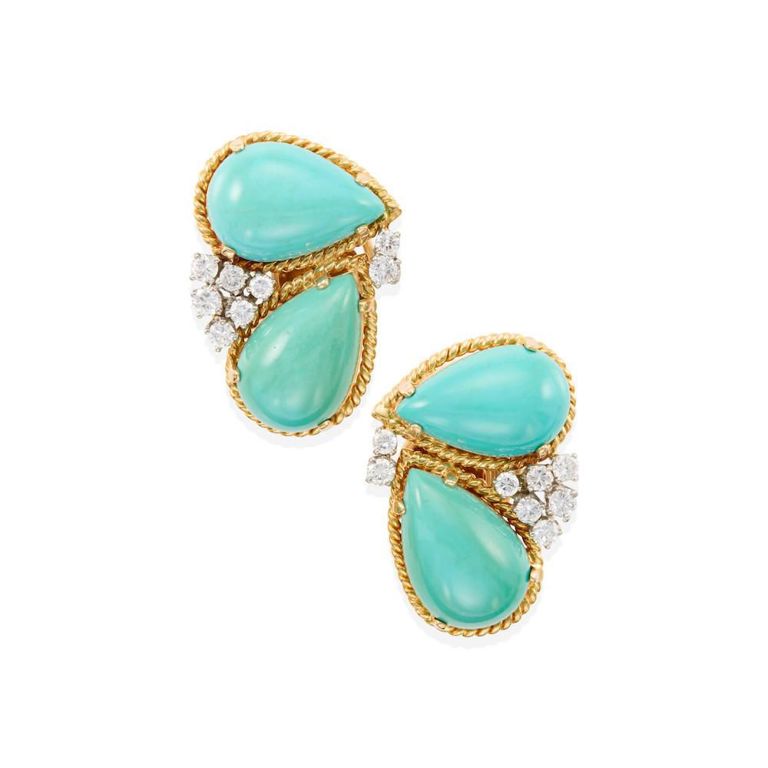 14k Yellow Gold Turquoise and Diamond Ear Clips